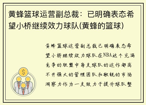 黄蜂篮球运营副总裁：已明确表态希望小桥继续效力球队(黄蜂的篮球)