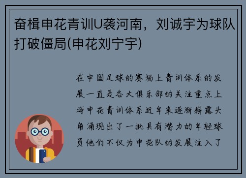 奋楫申花青训U袭河南，刘诚宇为球队打破僵局(申花刘宁宇)