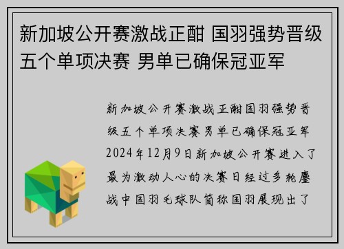 新加坡公开赛激战正酣 国羽强势晋级五个单项决赛 男单已确保冠亚军