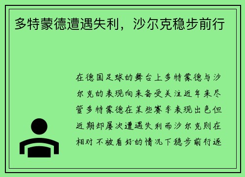多特蒙德遭遇失利，沙尔克稳步前行