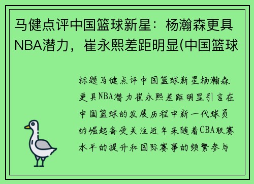 马健点评中国篮球新星：杨瀚森更具NBA潜力，崔永熙差距明显(中国篮球运动员马健)