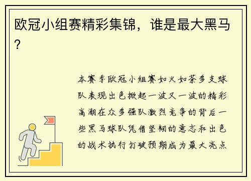 欧冠小组赛精彩集锦，谁是最大黑马？