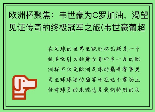 欧洲杯聚焦：韦世豪为C罗加油，渴望见证传奇的终极冠军之旅(韦世豪葡超集锦)