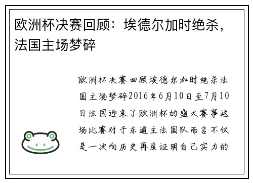 欧洲杯决赛回顾：埃德尔加时绝杀，法国主场梦碎