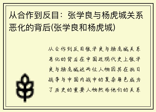 从合作到反目：张学良与杨虎城关系恶化的背后(张学良和杨虎城)