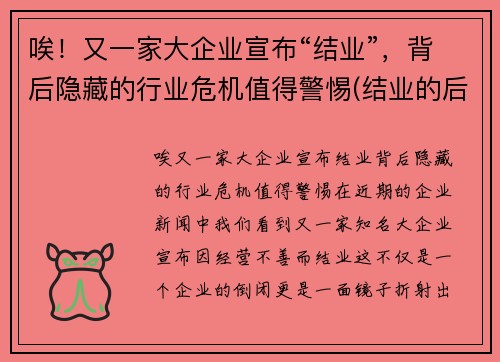 唉！又一家大企业宣布“结业”，背后隐藏的行业危机值得警惕(结业的后果)